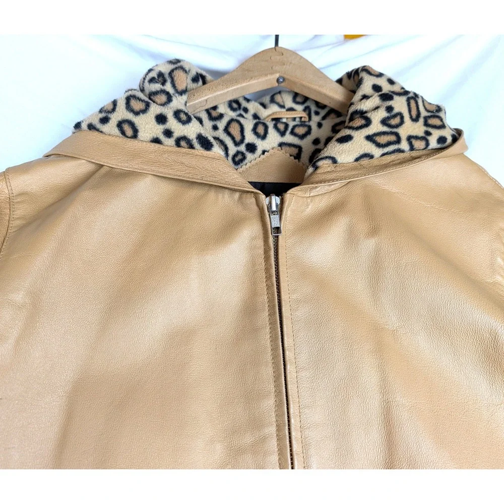 Tan Mustard Leather Hooded Jacket Plush Leopard Print Lining Small